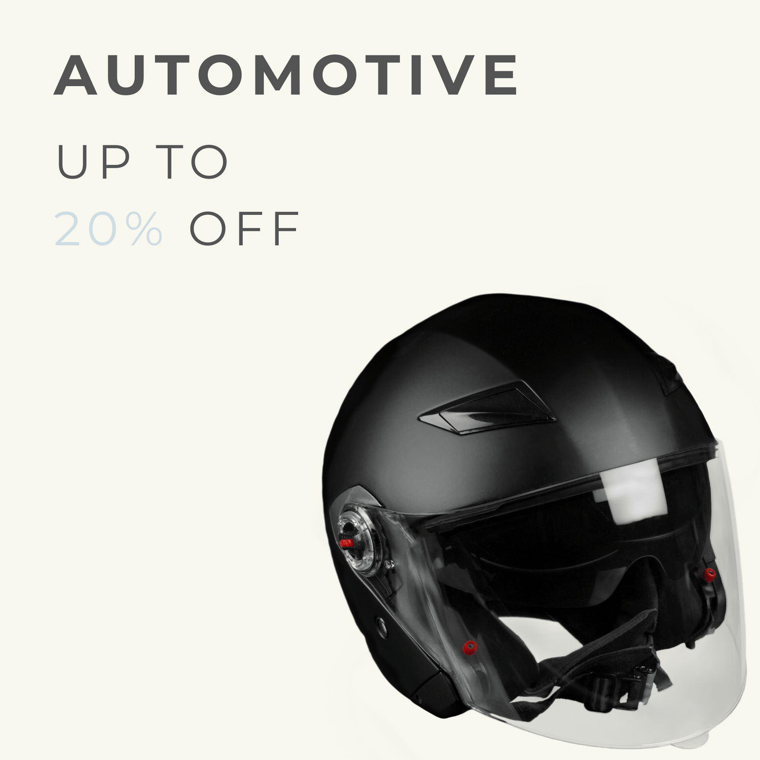 Modern black motorcycle helmet presented on a white background, with the promotion 'AUTOMOTIVE UP TO 20% OFF', advertising a discount on automotive gear and accessories.